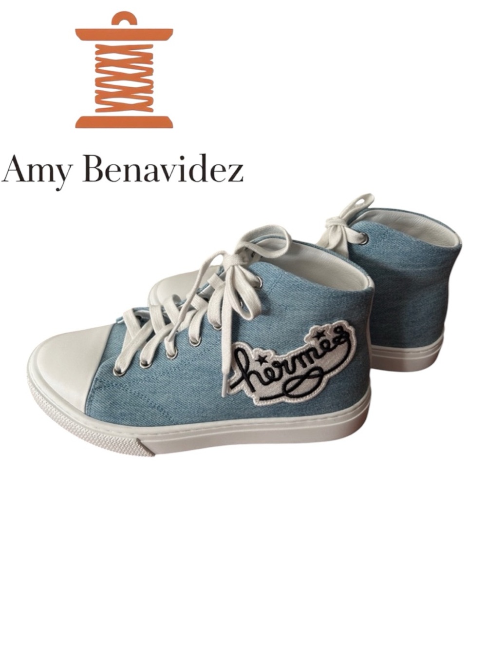 Hermes Denim Blue and White High-Top Sneakers